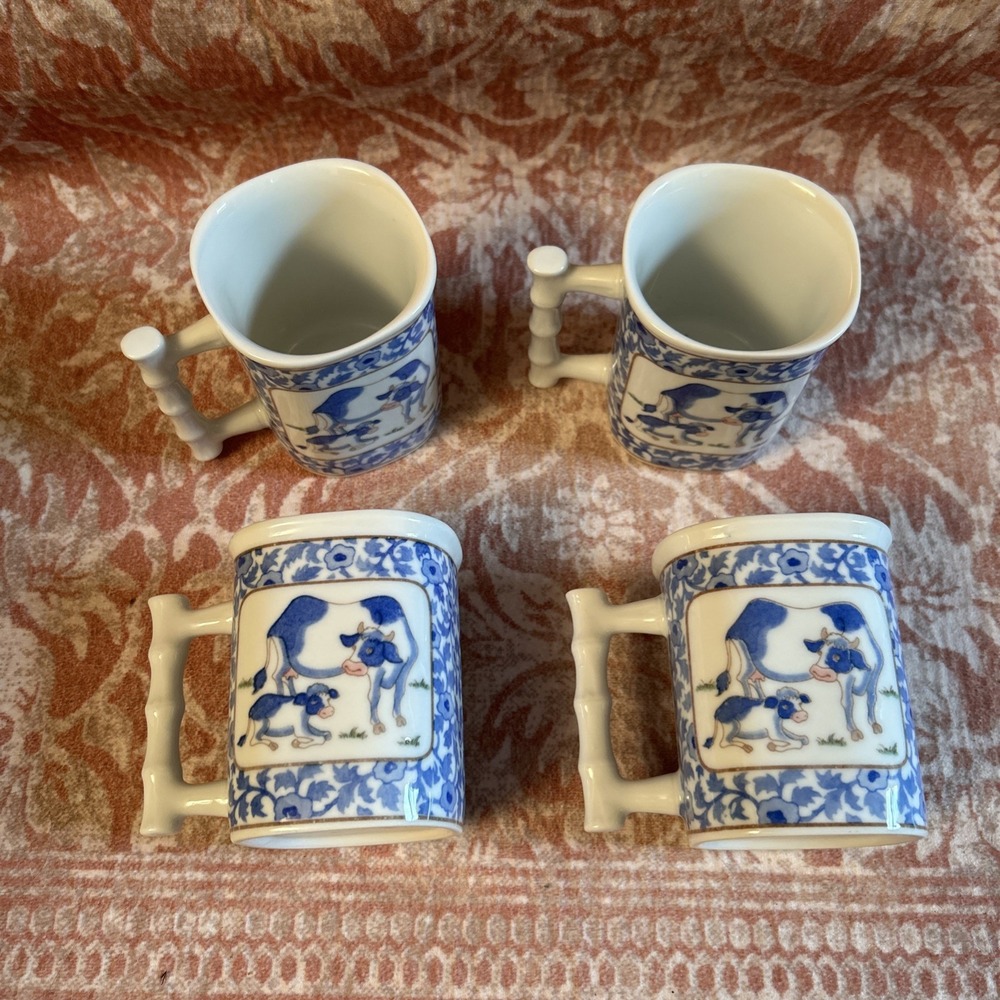 Tajimi 4-piece Floral White Cow Mugs Takahashi